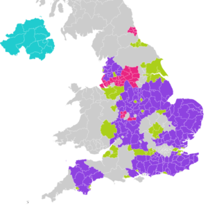 This is a map showing all the political parties in a regional map of the UK just prior to local elections in 2023