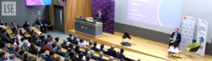 Stage showing the chairman of the bank of england, andrew bailey, waiting to speak at the London school of economics