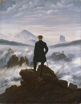 Painting of a Man standing on a rock looking at the foggy sea